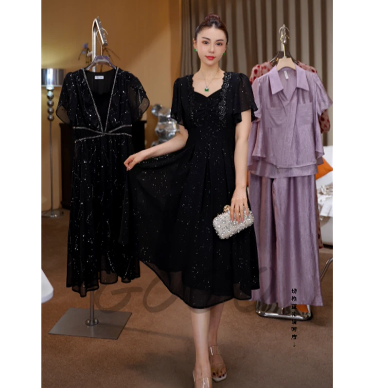 黑色天使 G6200方领短袖连衣裙女2025新款夏季显瘦显身材气质裙子