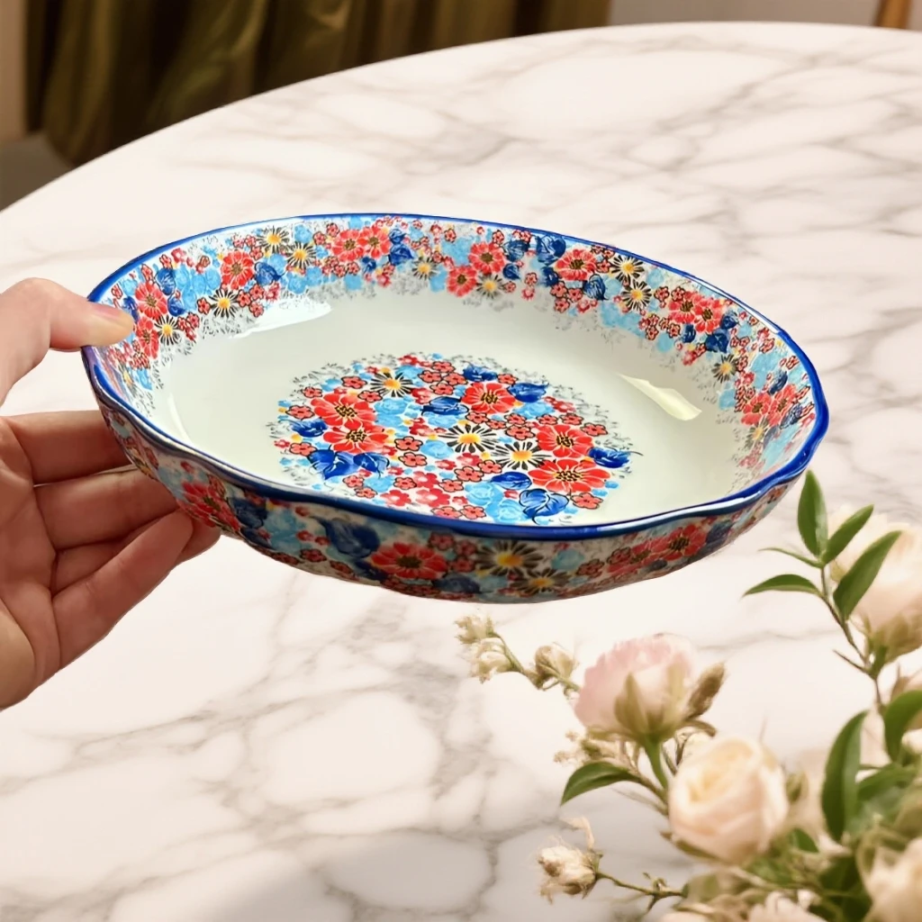 1高温瓷釉下彩蔷薇小镇8.5英寸深菜盘家用手绘汤菜盘