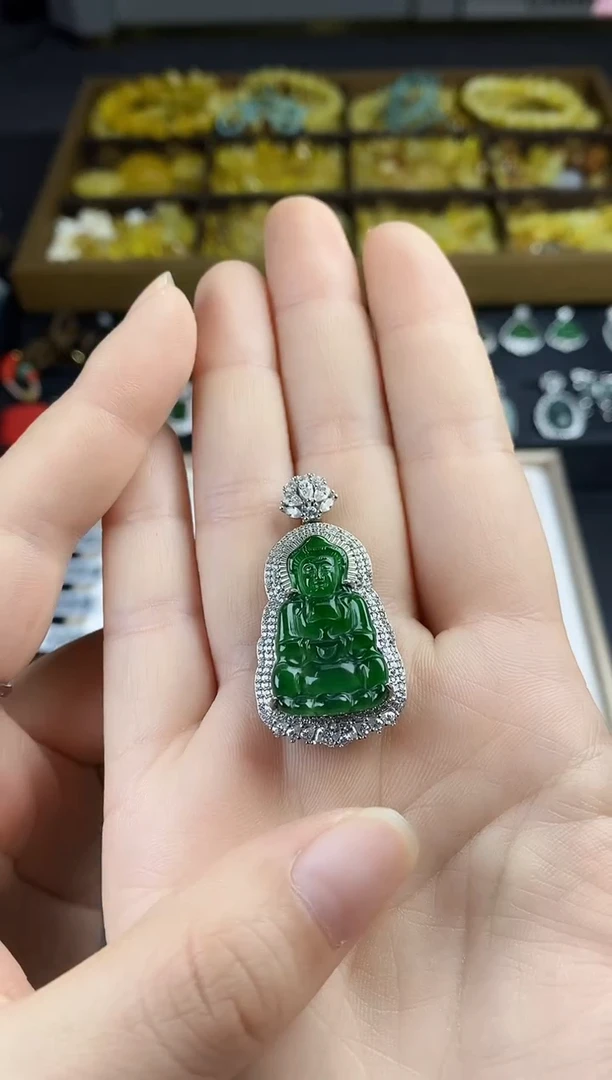 吊坠(不含链)银S925镶嵌翡翠幸**儿绿冰观音吊坠