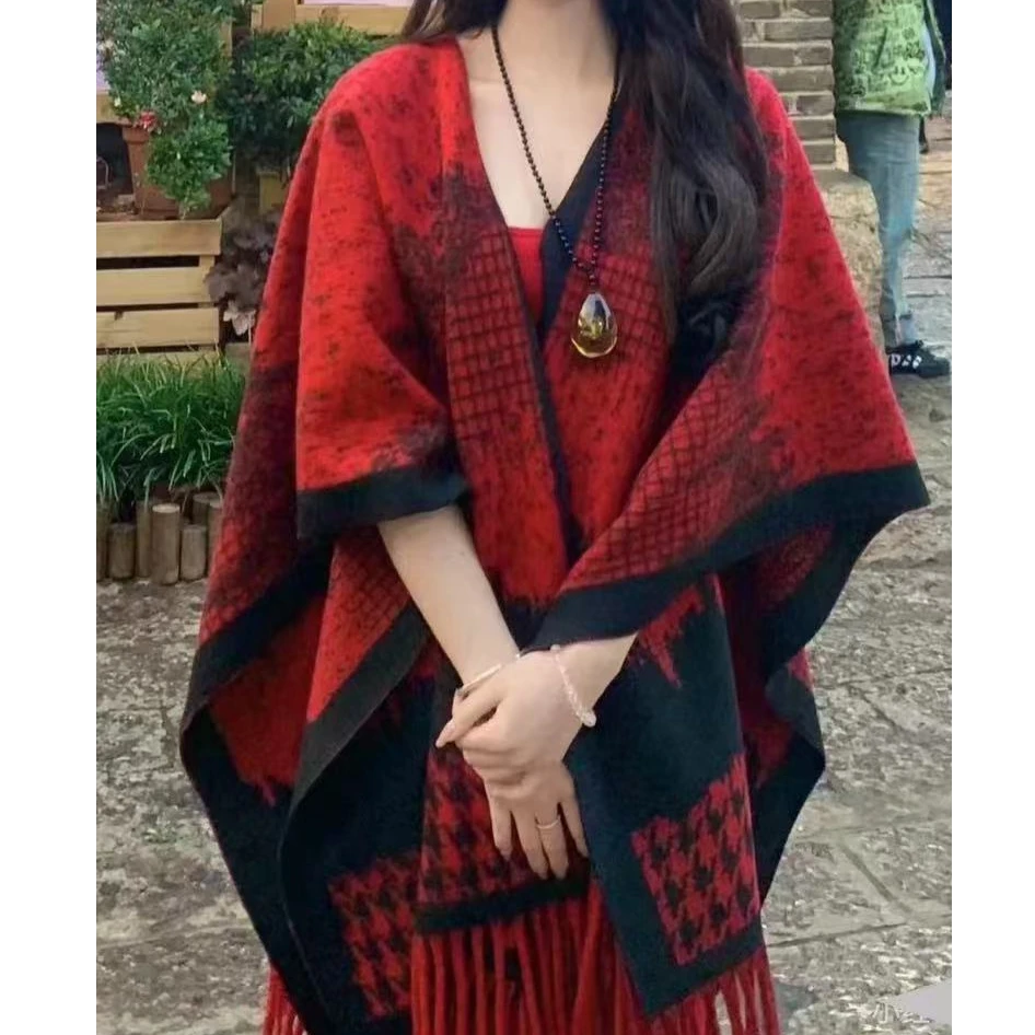 升级版 民族风加厚仿羊绒斗篷千鸟格披肩外搭围巾流苏旅游拍照