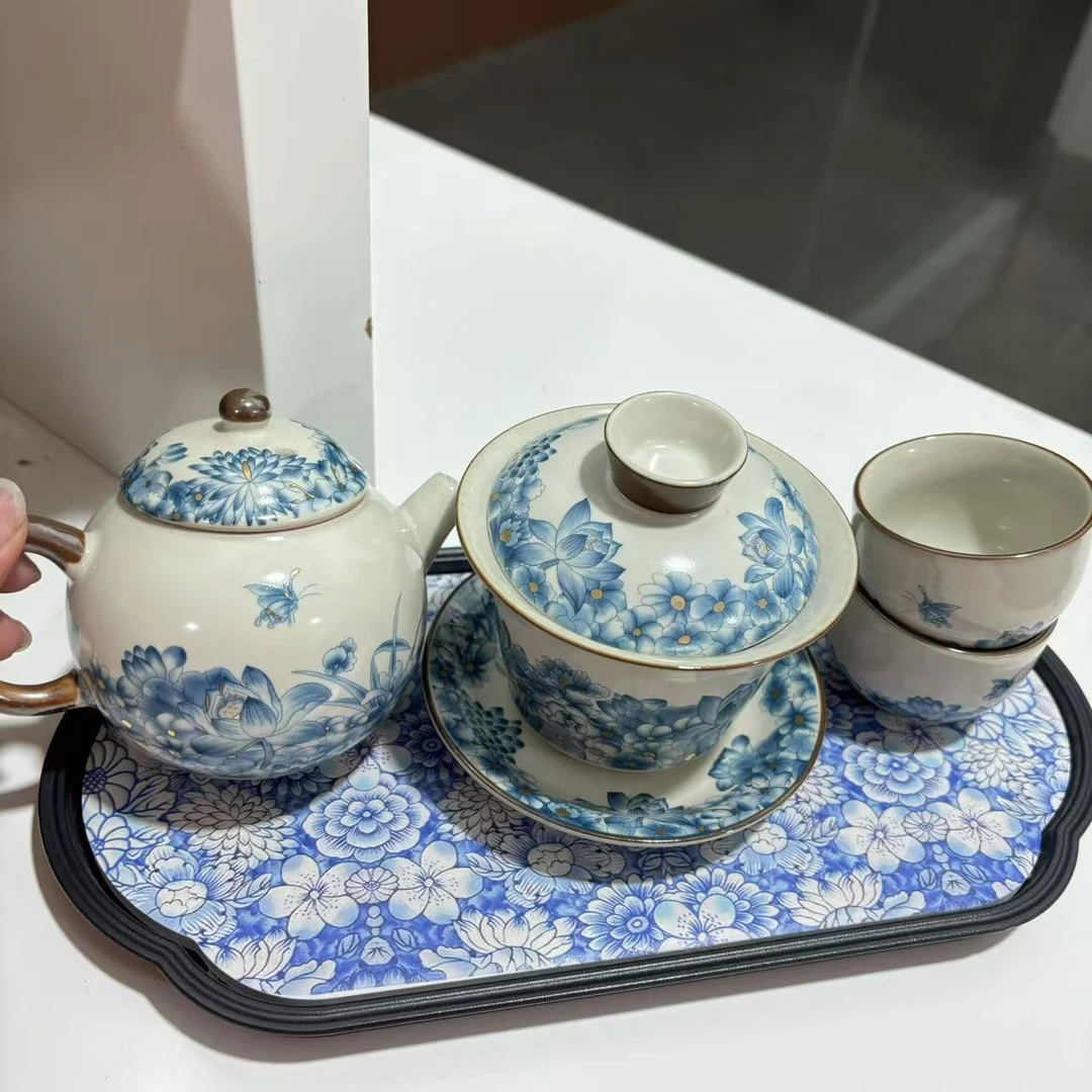ZH1764-汝窑蝶恋花茶壶+盖碗+两客杯家用陶瓷手工瓷盖碗高档茶具