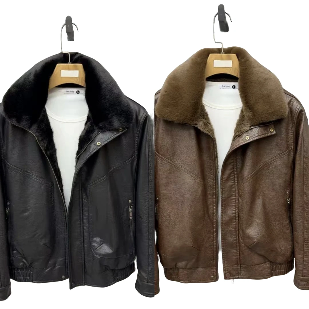 冬季新款男士休闲时尚百搭轻奢毛领加毛保暖拉链皮衣夹克上衣外套