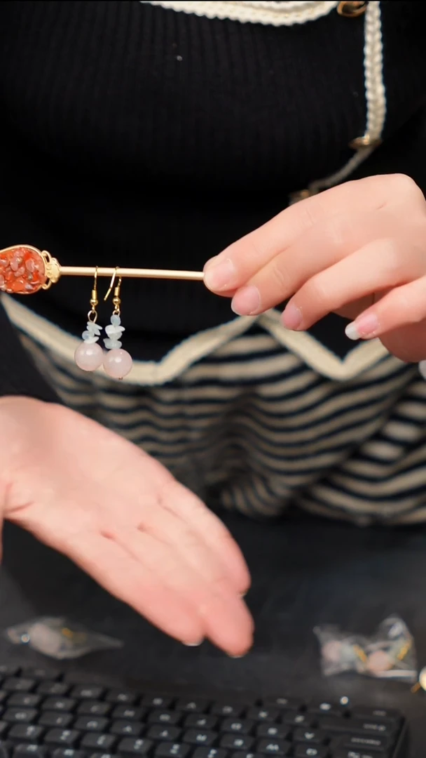 水晶摆件银S925镶嵌天然粉水晶耳坠07