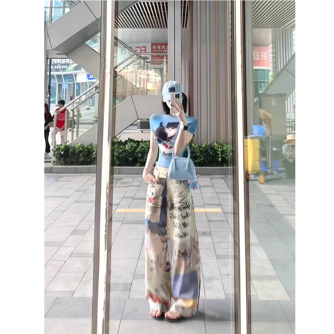 2025夏季新款美式复古卡通印花高领T恤上衣搭高腰显瘦印花阔腿裤