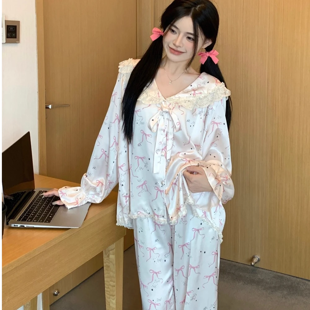 蕾丝法式春秋款睡衣冰丝娃娃领爆款2025新款长袖长裤家居服套装