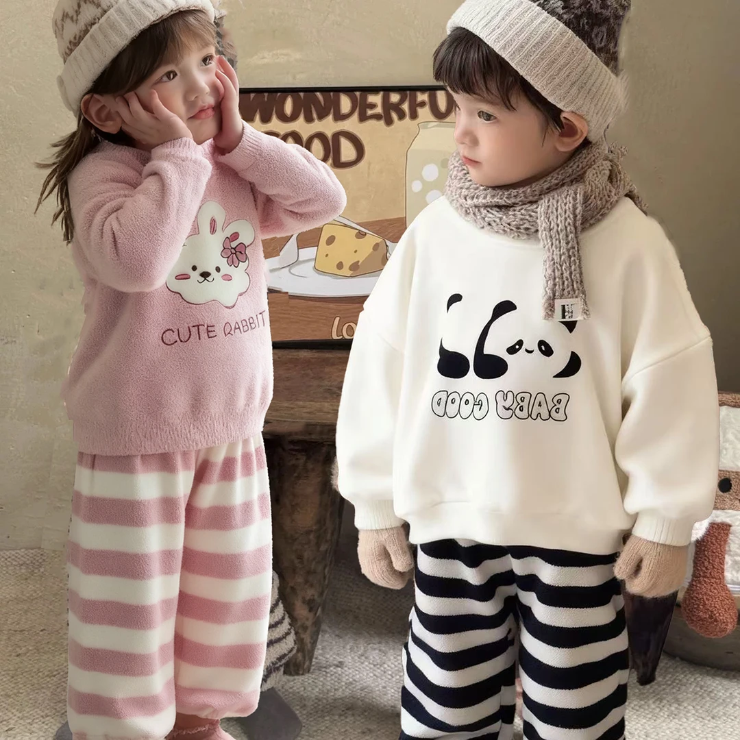 【新款福利】儿童加厚保暖卡通风家居服套装冬季男童女童长袖睡衣