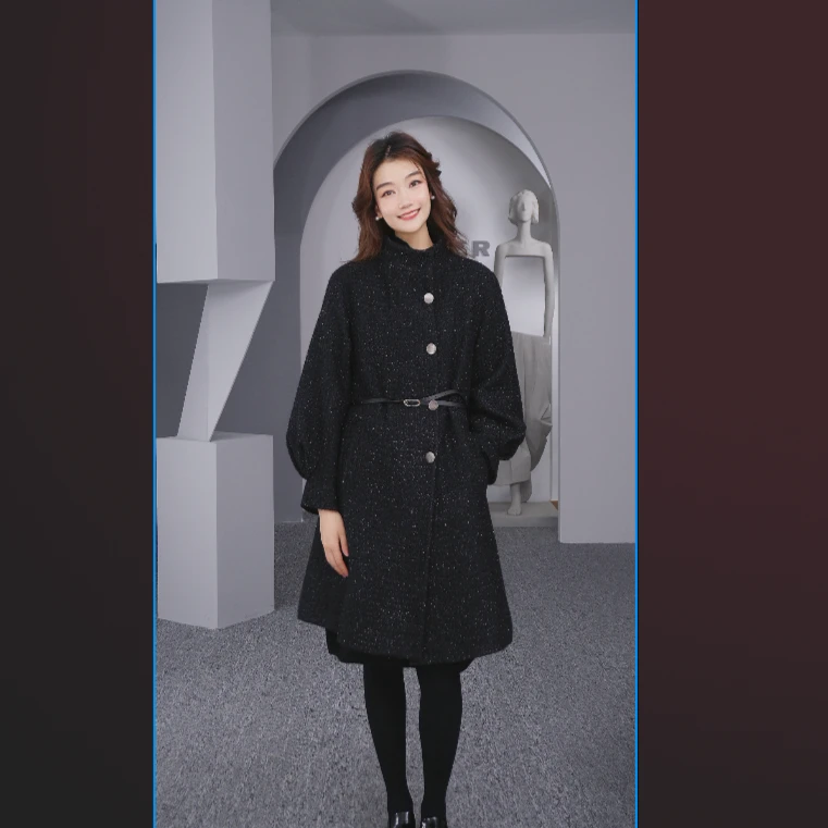 圣迪奥秋冬季单排扣中长款时尚双排扣气质女装毛呢大衣S224Z25B1