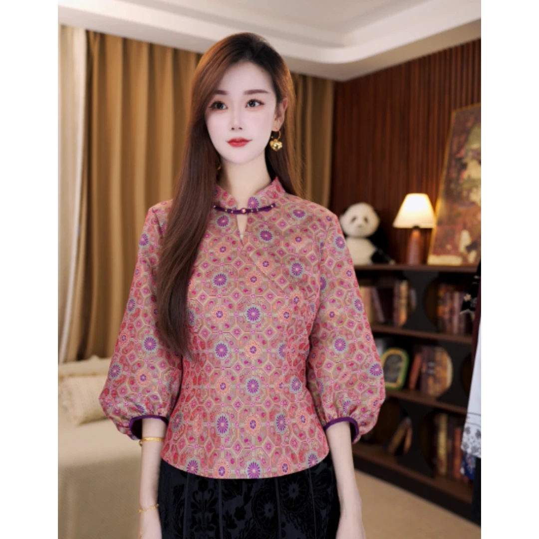 【绯萝】新中式国风秋季新款立领喇叭袖蜀锦上衣MCGSY1903