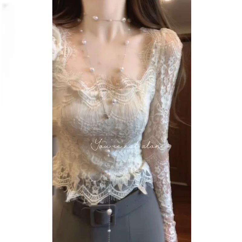 纯欲辣妹性感方领蕾丝打底衫女秋季新款内搭外穿修身显瘦长袖上衣