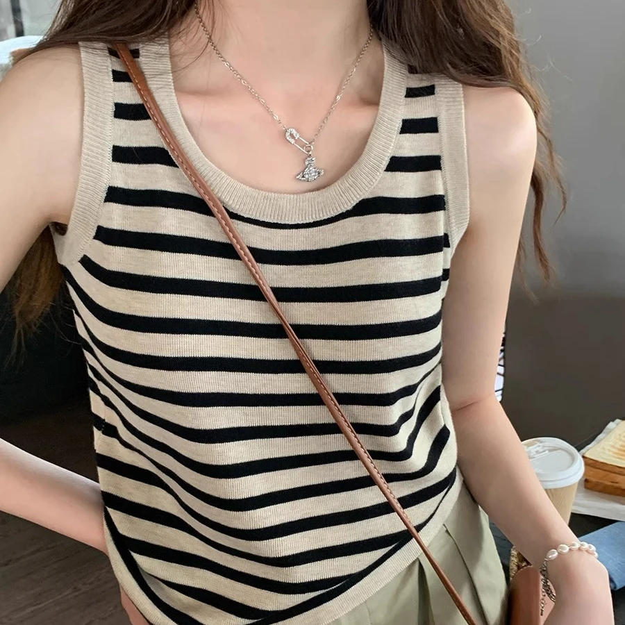 条纹吊带背心女2025新款秋季遮副乳内搭打底衫宽松无袖针织小上衣