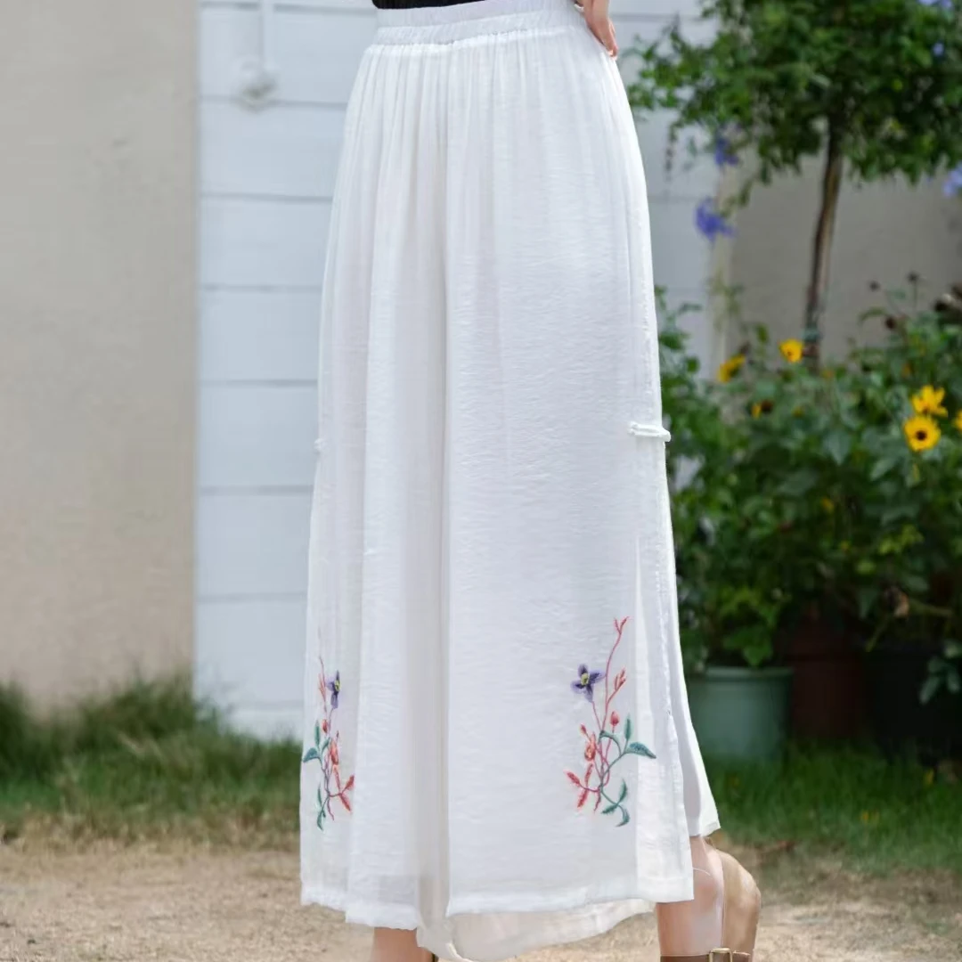 新款精品裙裤高端刺绣阔腿裤气质显瘦女裤