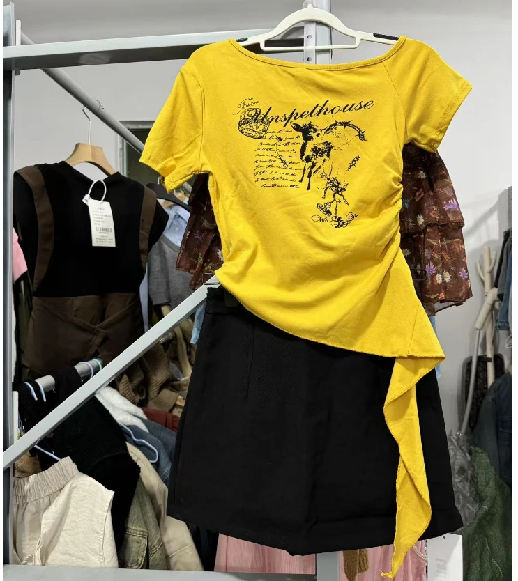 夏季新款黄色短袖t恤上衣短裙多巴胺夏日ootd穿搭绑带收腰套装