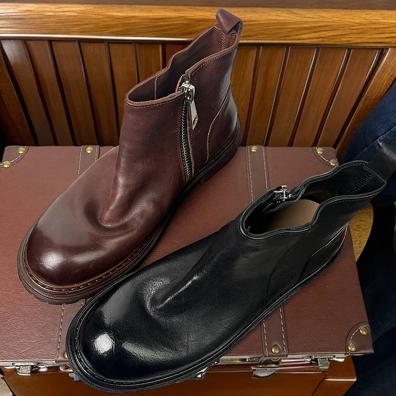 小白新款切尔西男靴男款百搭复古高帮圆头英伦风潮流真皮固特异