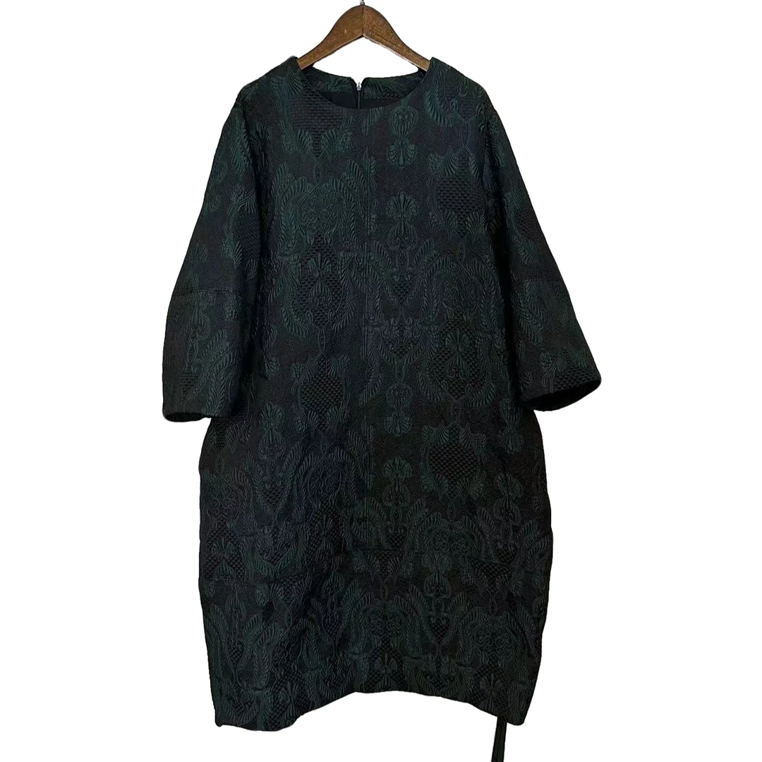 【 鑫兰精选】黑绿色纹浮雕提花显瘦百搭连衣裙100-185斤