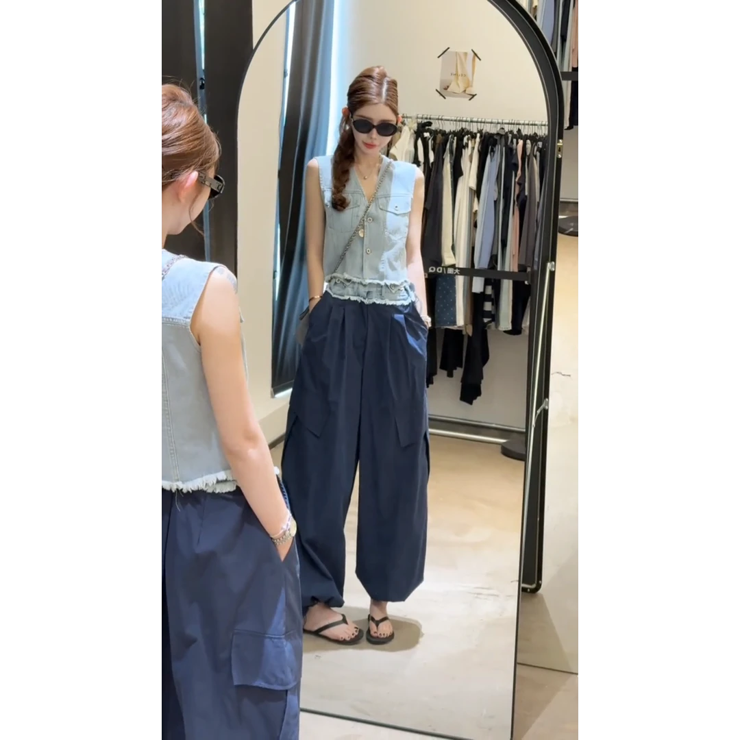 parkyeon夏季新款设计感无袖v领牛仔背心高腰宽松显瘦工装裤套装