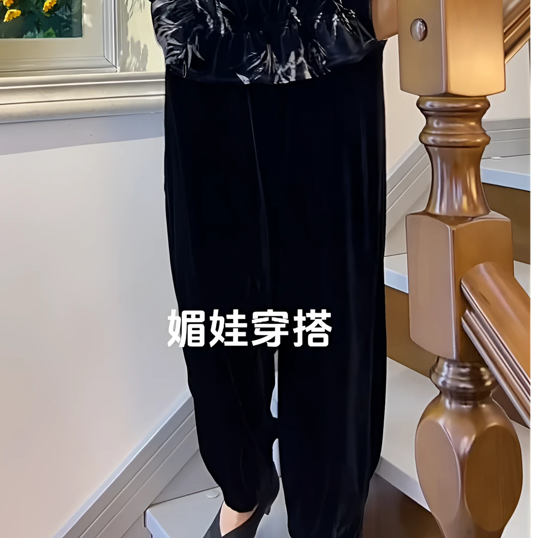 80145高档阔太太丝绒烫金秋季大码哈伦小脚裤