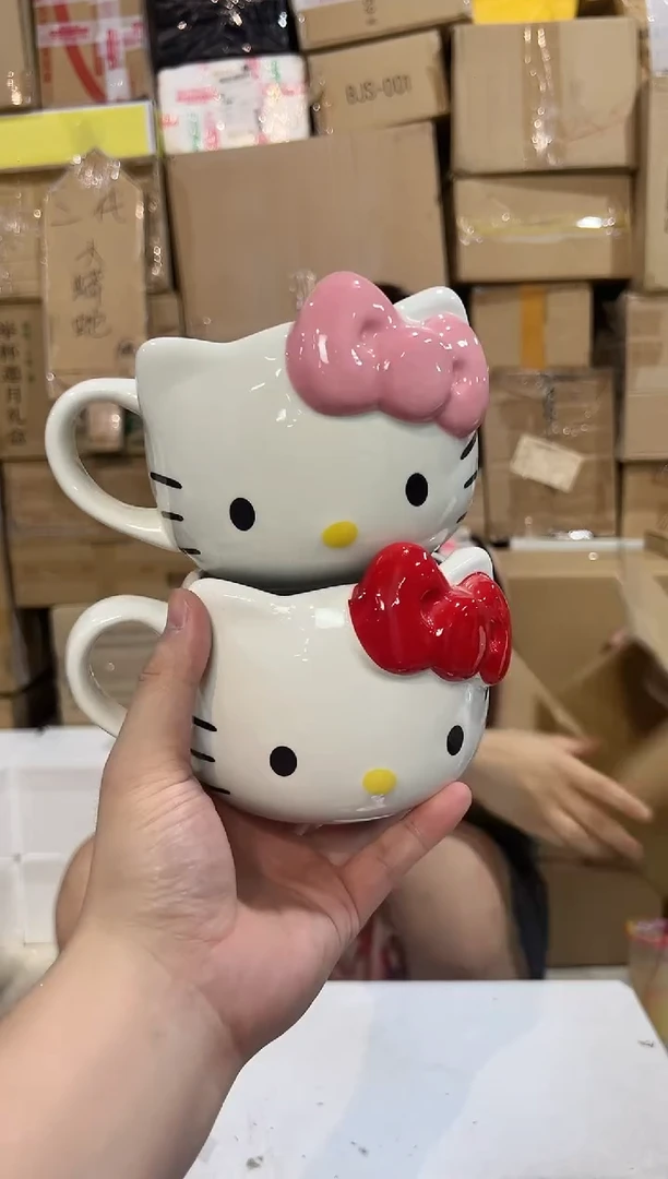 瓷片红色加粉色蝴蝶结kt头杯2件套微瑕