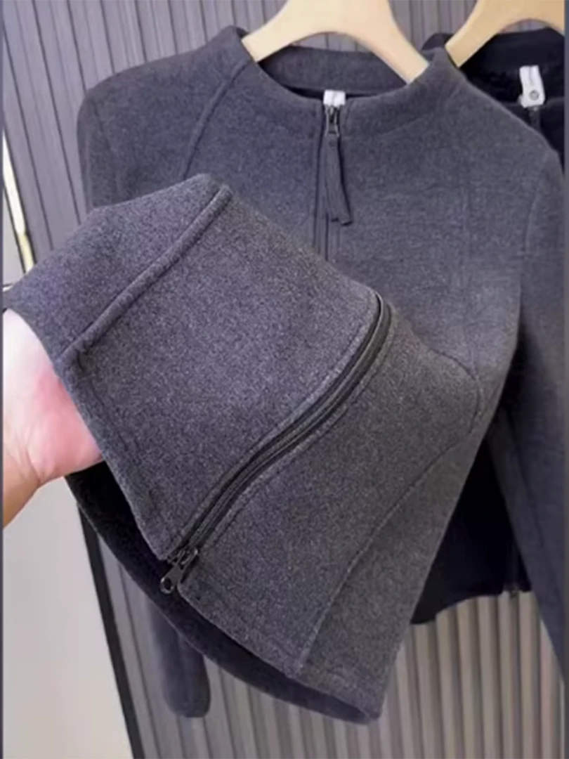 长袖圆领拉链纯色灰色上衣女2025冬潮流时尚宽松显瘦通勤卫衣开衫