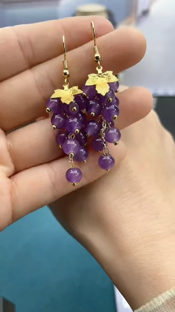 【闪购商品】玛瑙/玉髓耳饰14K金镶嵌紫色葡萄耳钩
