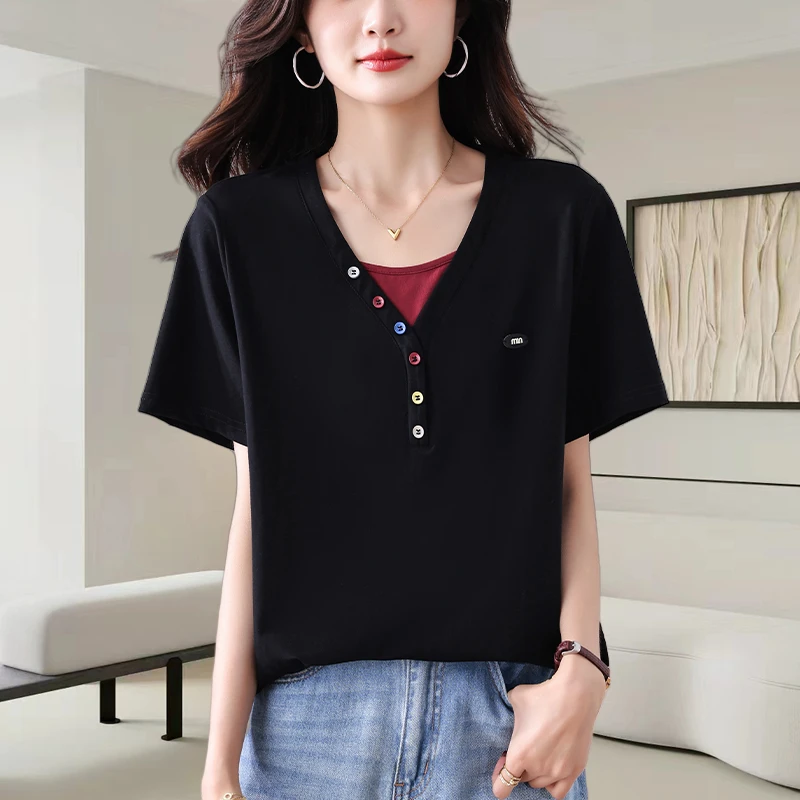 假两件黑色短袖t恤女2025夏季新款时尚宽松休闲显瘦设计感V领上衣