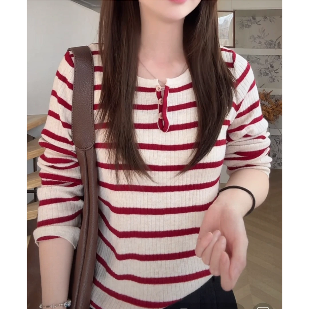 韩系半开领长袖针织衫女秋季时尚洋气撞色条纹百搭打底衫别致上衣