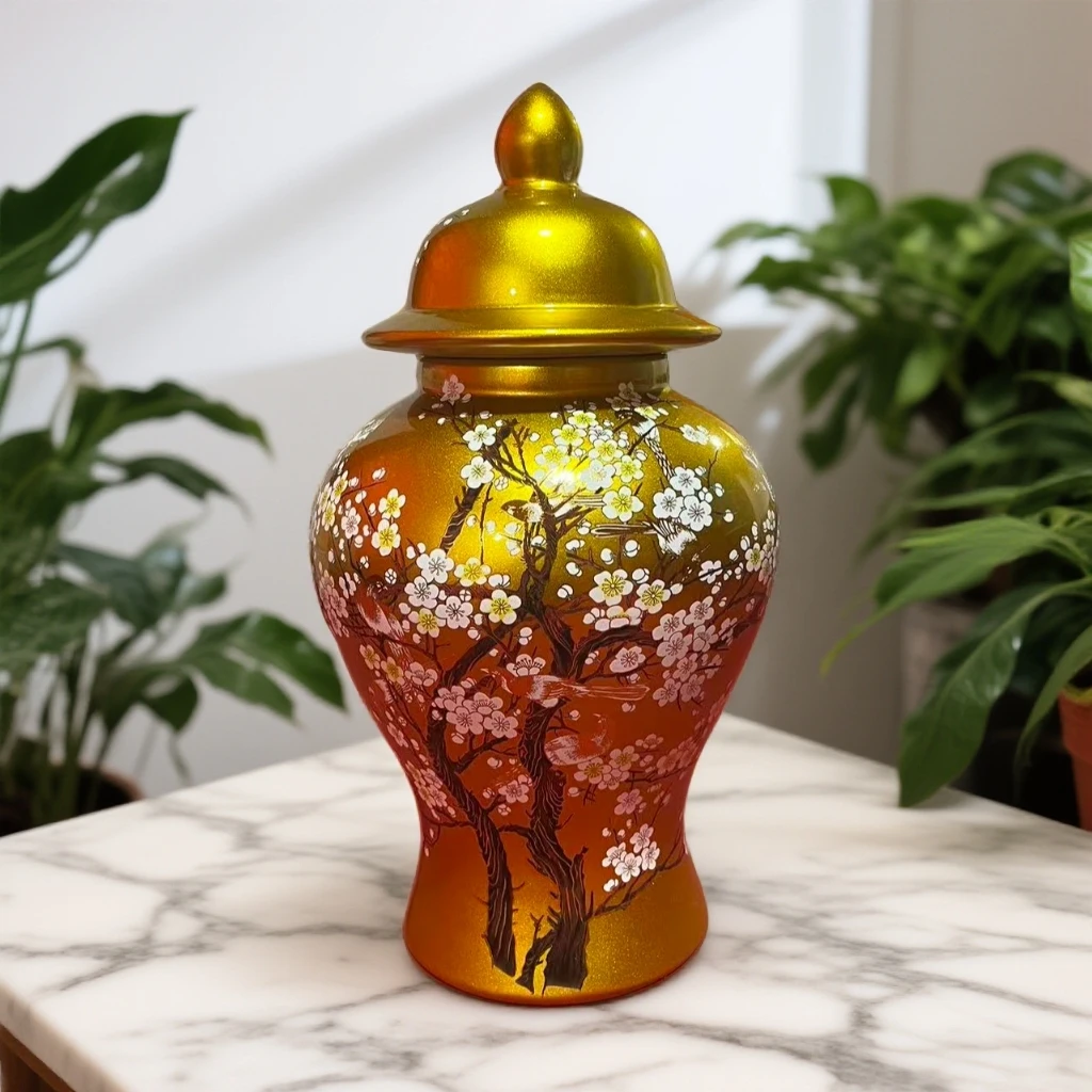 高度37肚径21景德镇陶瓷帝王黄梅花将军罐260