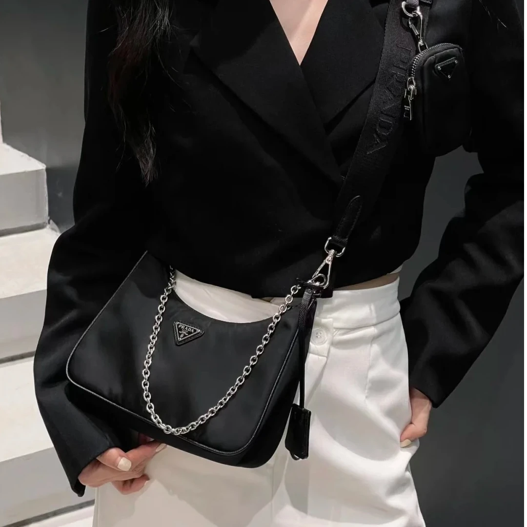 95新 Prada/普拉达 小花Jerry活动Hobo三合一黑色 手提包