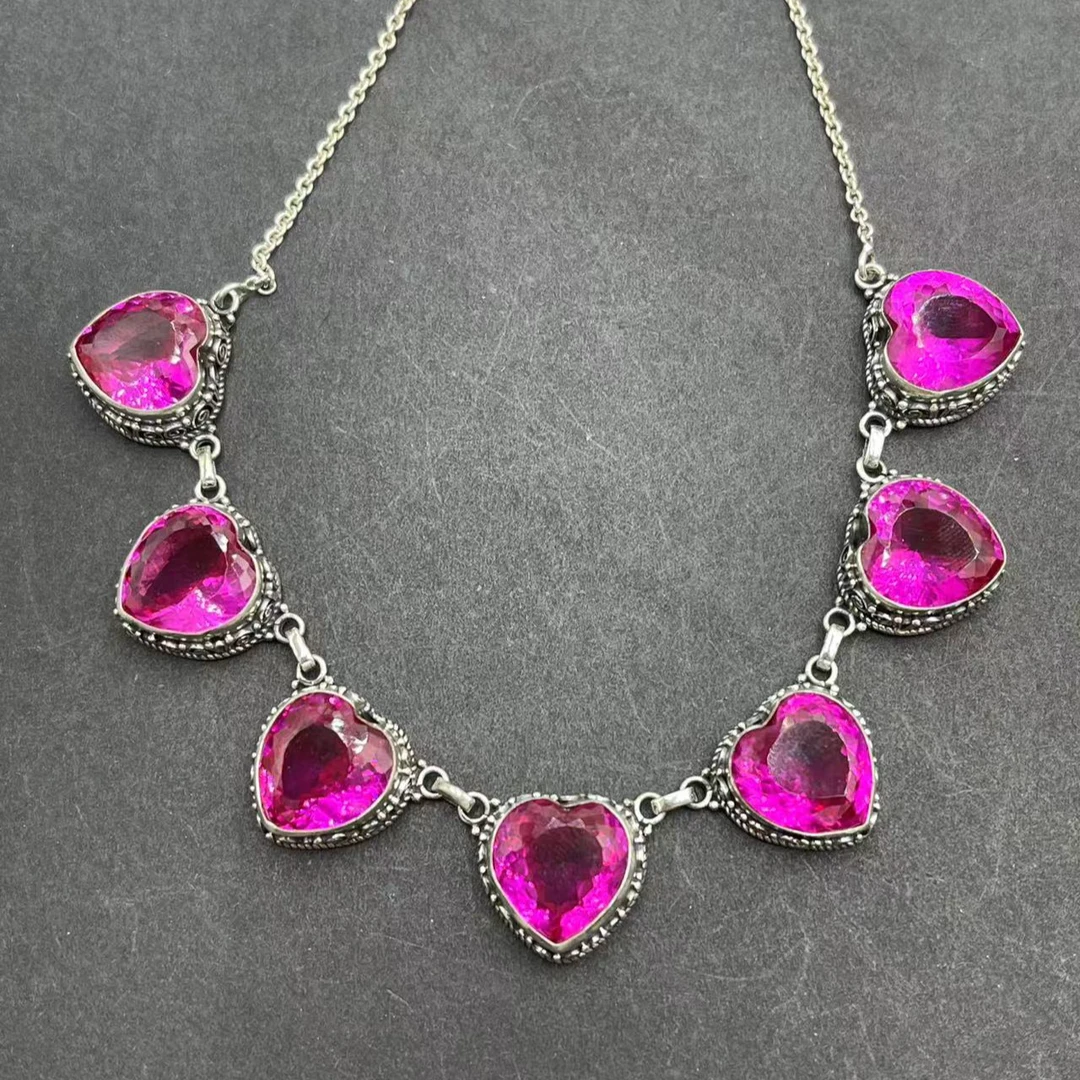 链子925银 尼泊尔手工粉水心形切割项链精美时尚女士镶嵌