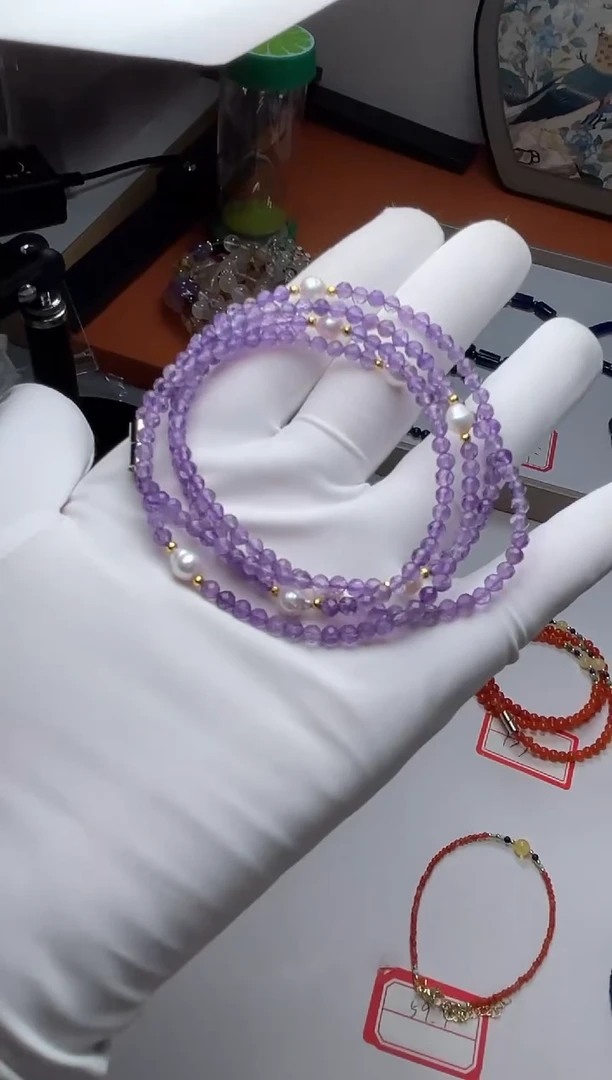 水晶手串未镶嵌X****i，紫水晶米粒珠多圈手串