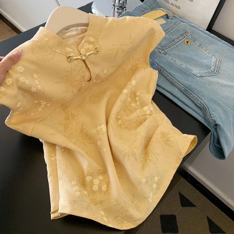 新中式国风盘扣提花刺绣立领飞袖衬衫气质女设计感黄色多巴胺上衣