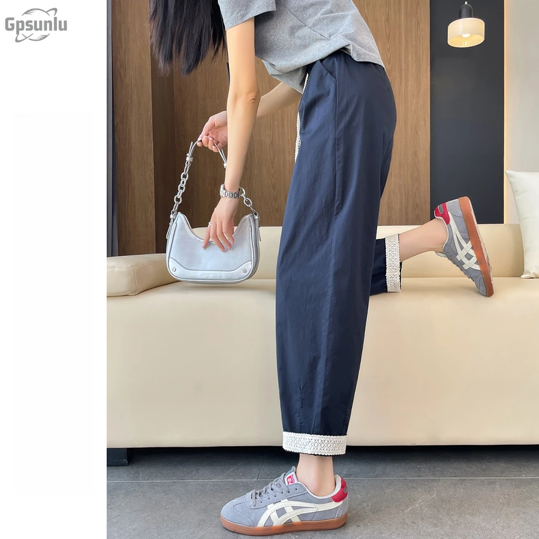 gpsunlu藏蓝色速干哈伦裤女夏季薄款新款女士高腰垂感薄款哈伦裤