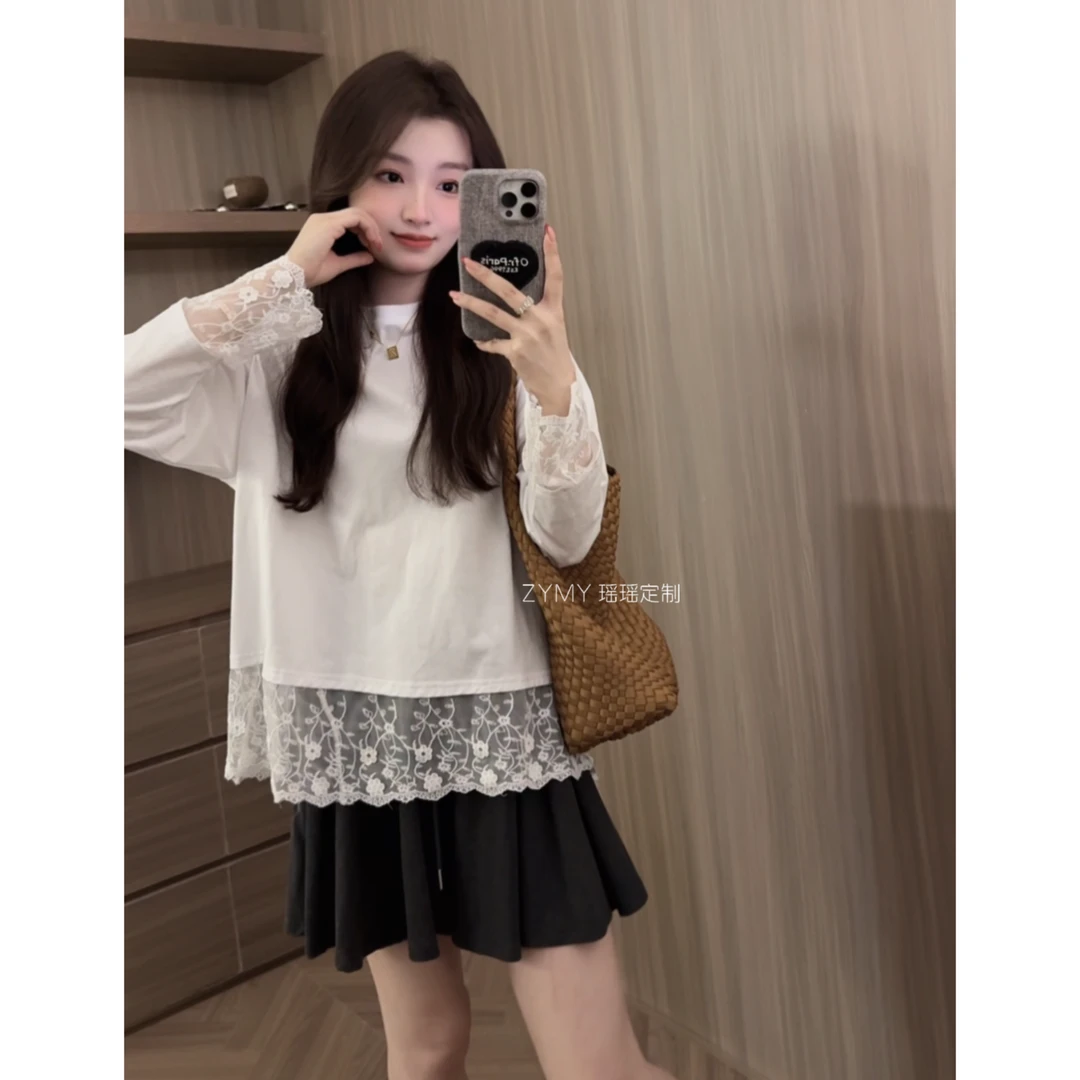 【简约日记】蕾丝拼接长袖宽松内搭T恤设计感小众白色上衣