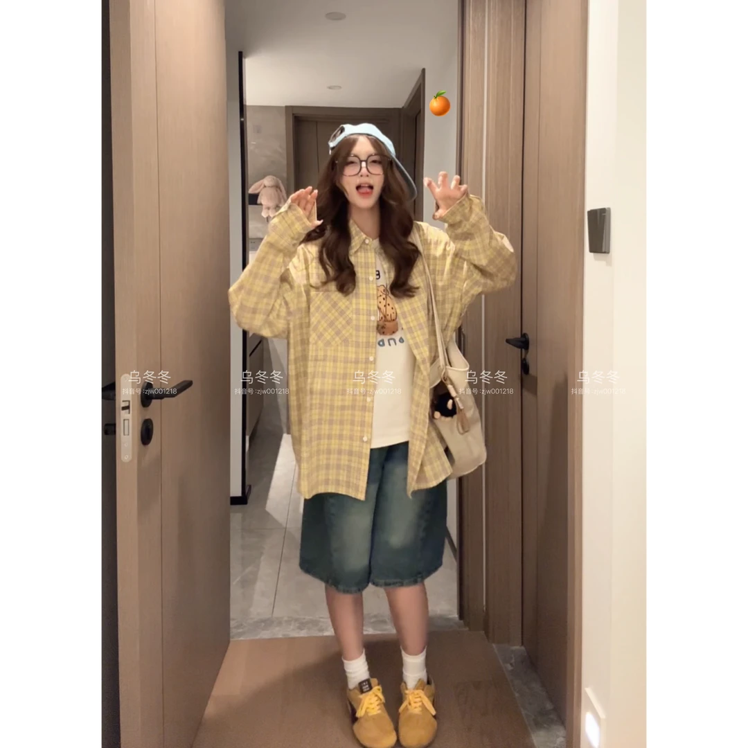 【乌冬原创】“橙c美式”纯棉防晒格子衬衫宽松版～