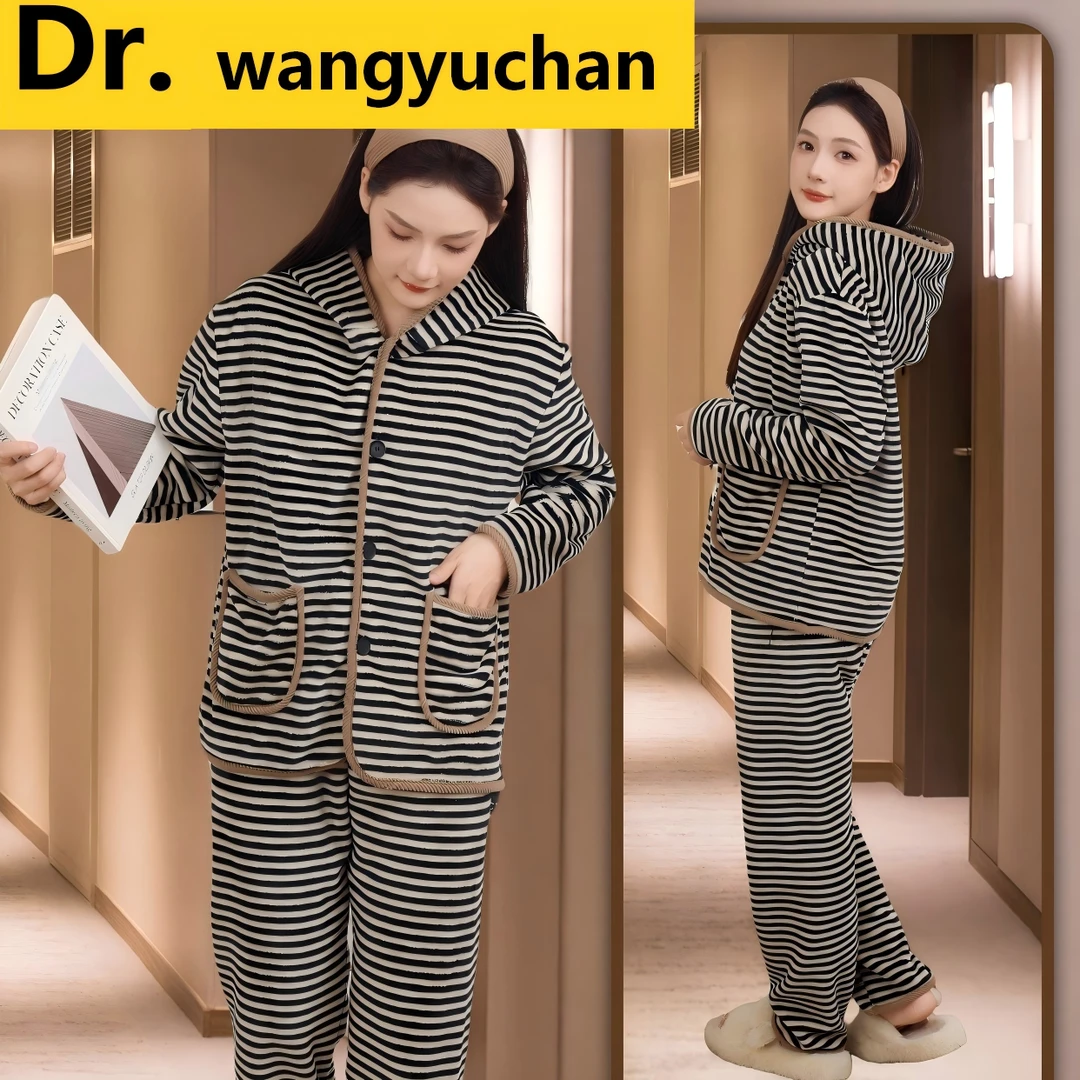 连帽家居服套装秋冬保暖时尚睡衣冬季套装条纹休闲舒适百搭睡衣2