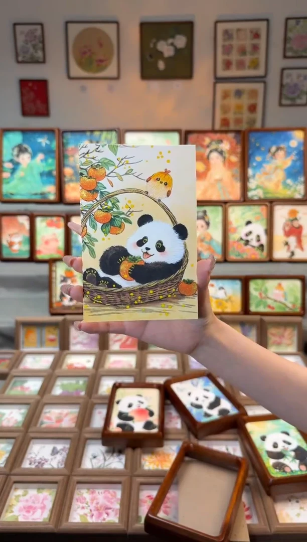 国画?****?熊猫柿子小鸟 手绘国画6寸画芯