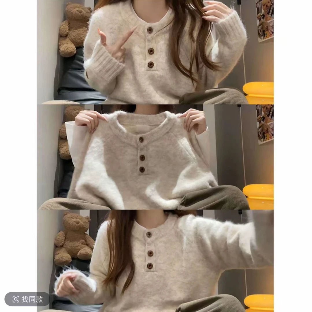 韩系软糯圆领毛衣女秋冬温柔风慵懒高级感内搭外穿针织衫打底上衣