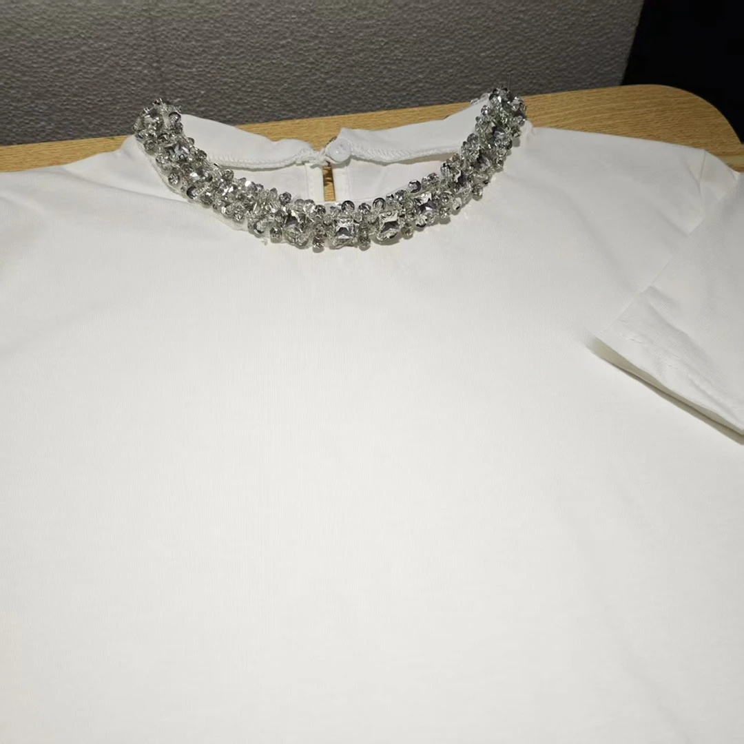 5440时尚高级感钉钻短袖纽扣设计感休闲上衣