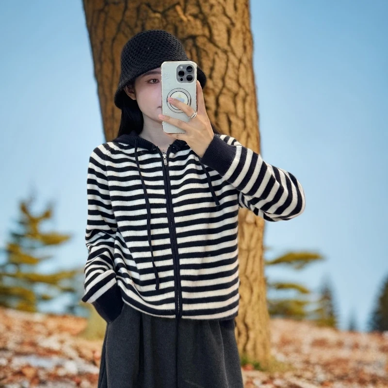 SUMU/宿慕韩版拉链连帽开衫 9-30新款厚款百搭宽松针织毛衣28368