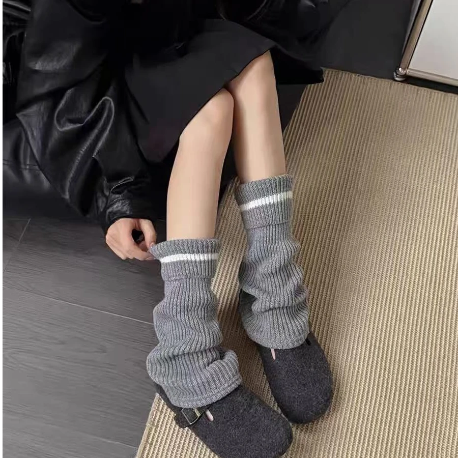 学院风翻边条纹杠奶白堆堆袜套秋冬氛围感配勃肯针织保暖腿套