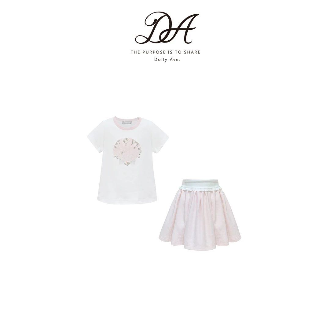 【现货】DollyAve「少女系列」轻奢水印贝壳手工订珠夏季女童半裙套装