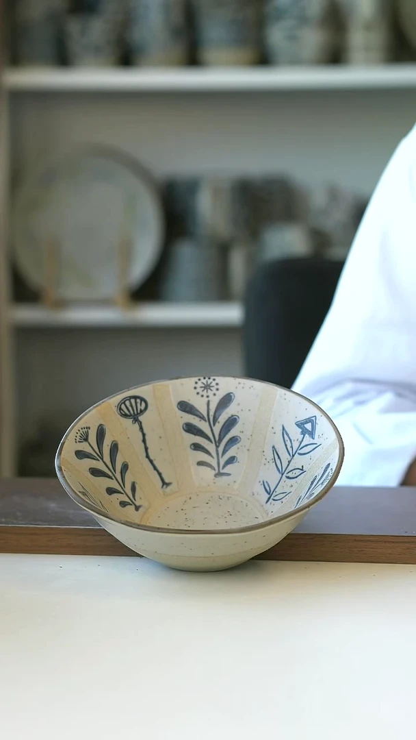 粗陶手绘百草花早餐碗14.5cm400ml@4-2@