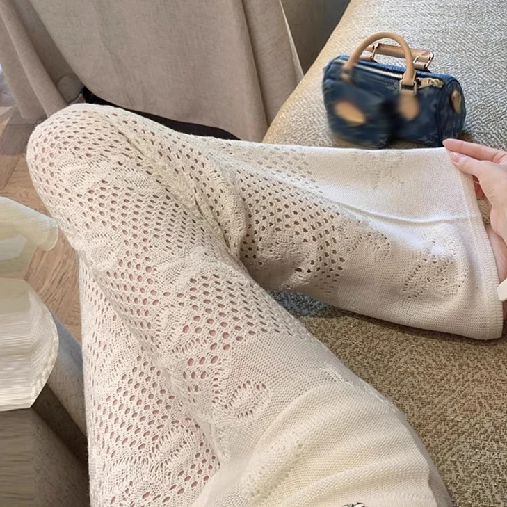 白色少女心蕾丝新款松紧高腰直筒针织裤贵妇的夏季镂空提花针织裤