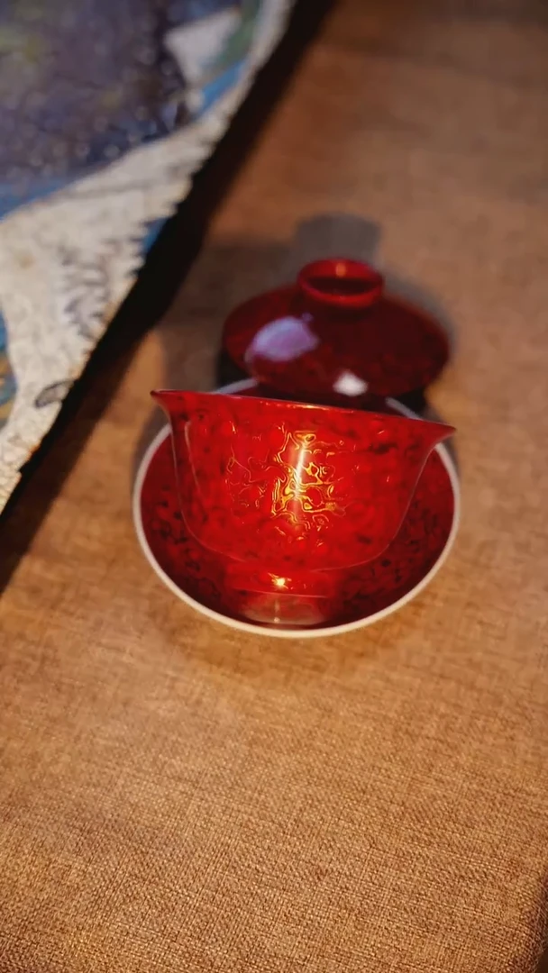 天然大漆盖碗红色金漆茶具