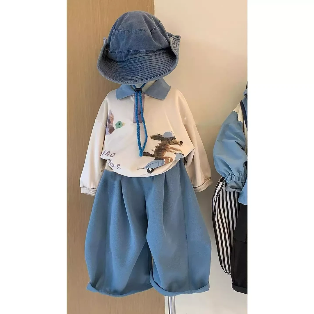 男女童儿童POLO领卫衣哈伦阔腿裤卡通印花宽松休闲韩版套装亲子
