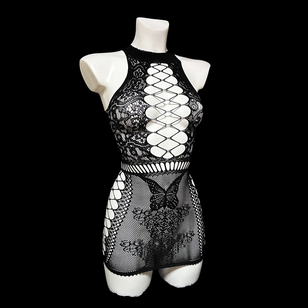 【黑蝶 Black Butterfly】 黑色修身镂空花纹睡裙