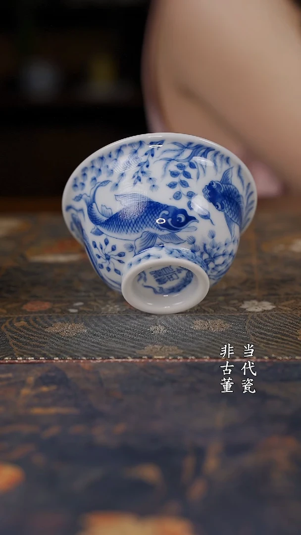 望月怀古满绘鱼藻压手杯