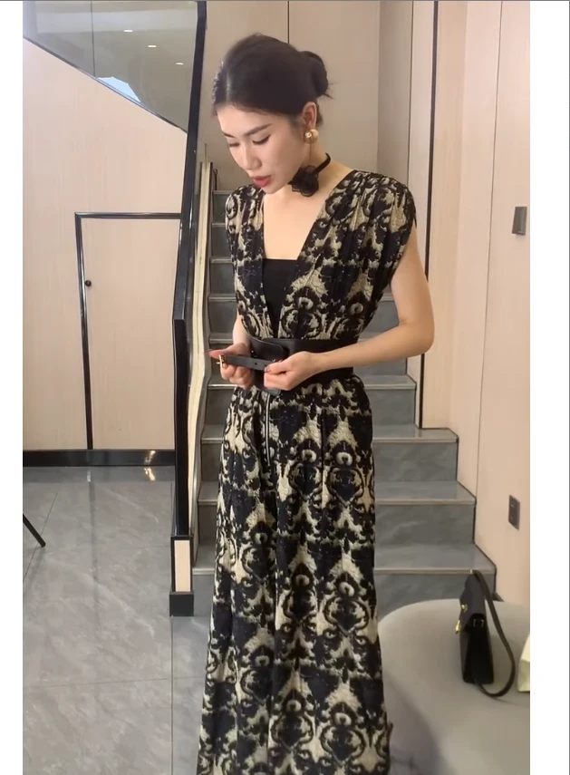 印花阔腿裤通勤风直筒裤连体裤复古法式气质时尚FJ51305