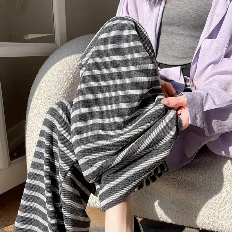 条纹阔腿裤女春秋韩版高腰显瘦垂感裤子小个子拖地直筒针织休闲裤