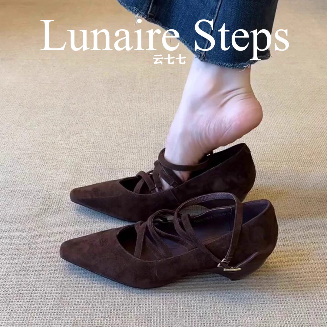 羊皮版~法式复古交叉绑带高跟玛丽珍鞋百搭尖头坡跟鞋浅口单鞋女