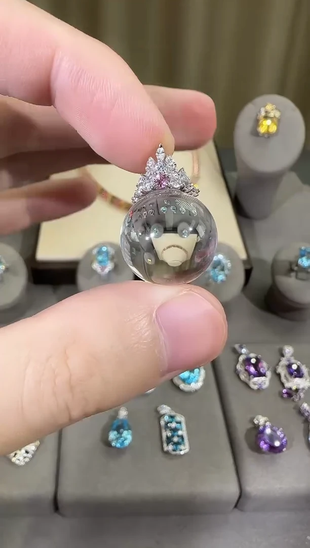 颈饰银S925镶嵌水晶16mm晶体白水晶吊坠